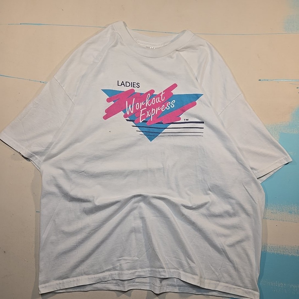 VTG 90s XL Ladies Workout Express T-Shirt Single Stitch Neon Gym 50/50 Hanes Tee - Picture 6 of 10